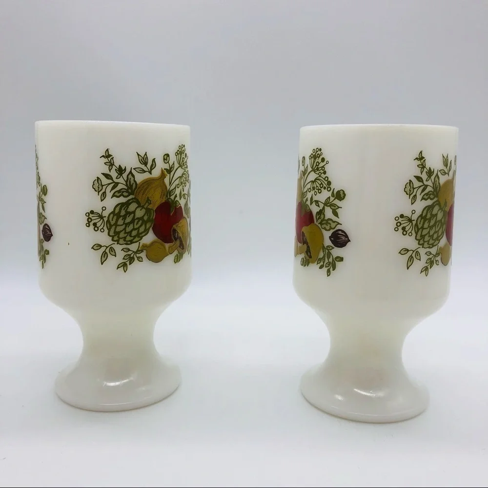 RETRO MUSHROOM PEDESTAL MILK GLASS COFFEE MUGS - SET OF 2